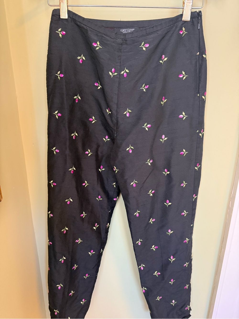 Vintage Taffeta Black Embroidered Floral Pants